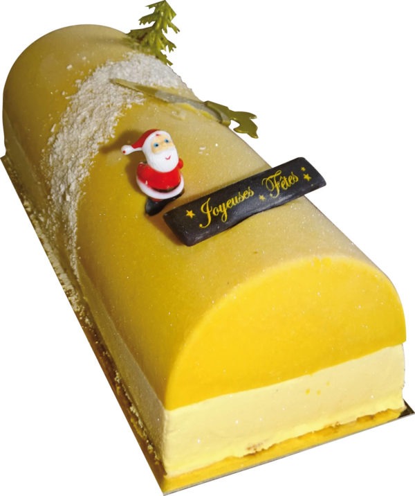 Bûche fin d'année Mangue-Coco / coeur Fruit de la Passion et son croustillant amande  8-10 pers